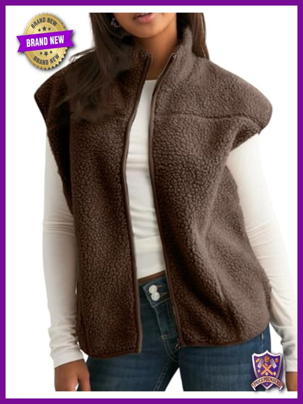 Sherpa Fleece Vest Zip Up Sleeveless Stand Collar Pockets Womens